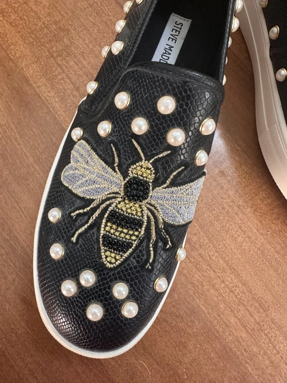 Steve Madden Bee Pearl Embellished Slip-On Sneakers Black